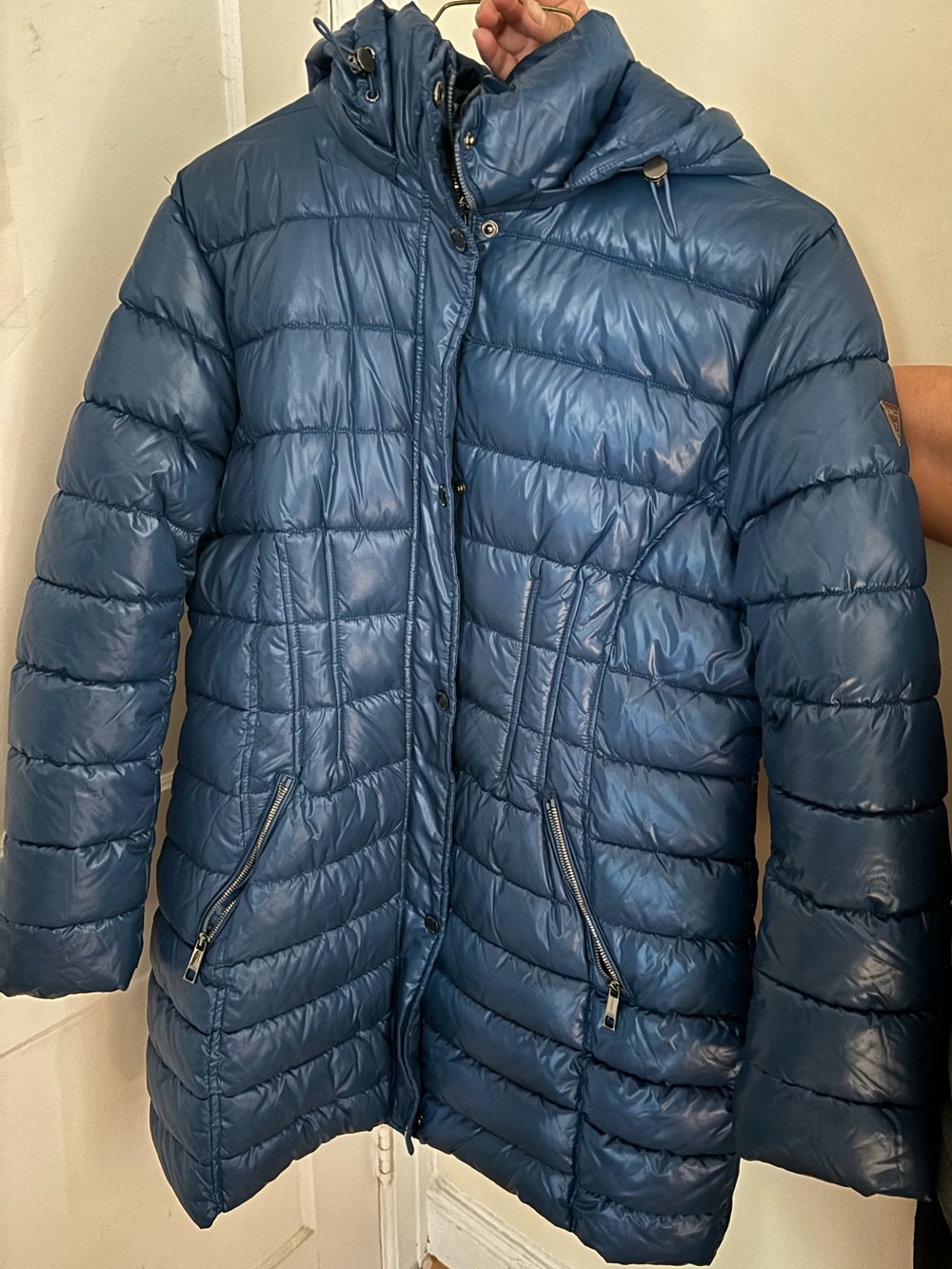 Guess Navy Shiny Quilted Puffer Jacket with Hood